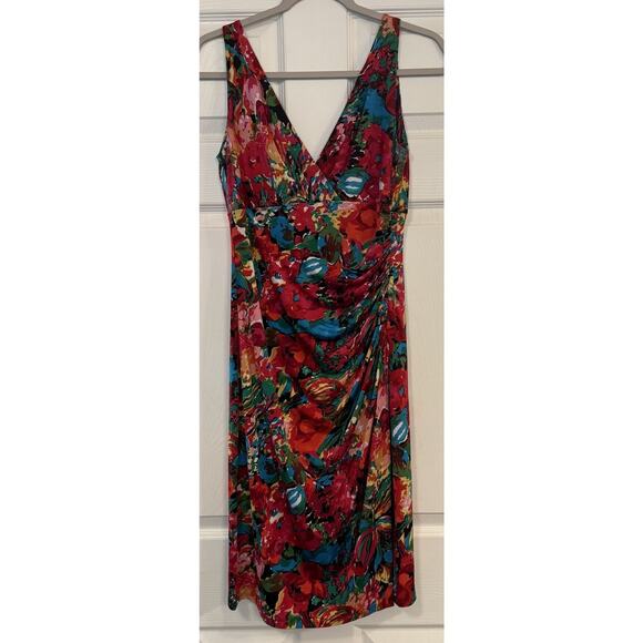 Lauren Ralph Lauren Faux Wrap Dress Sz 6 Floral Stretch Vibrant Jersey Ruched - Picture 1 of 12